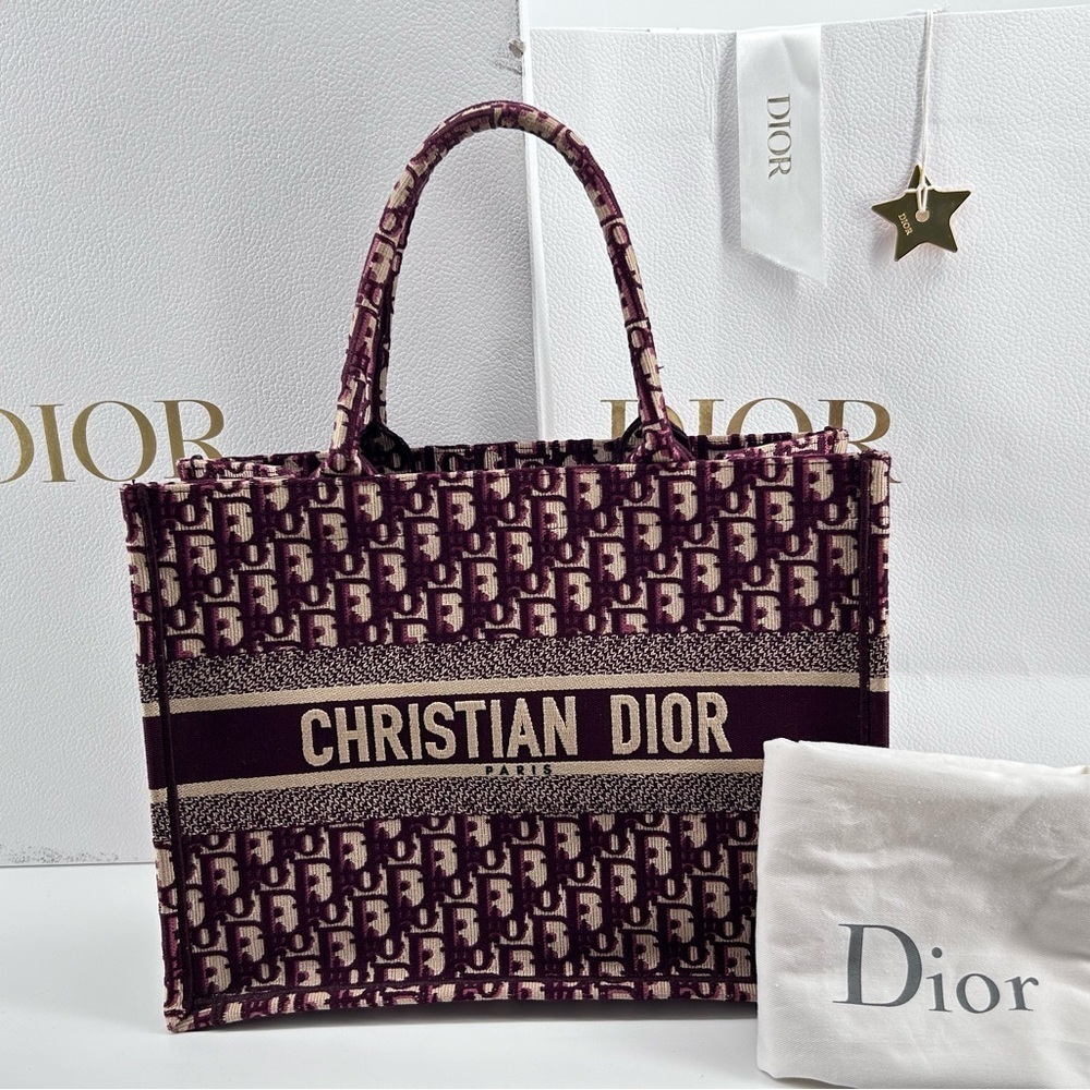Christian Dior Book Tote Oblique Canvas Maroon Burgundy (Medium) With Box